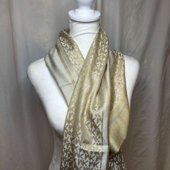 Michael Kors Gold MK Jacquard Gold Scarf Womens Designer - Picture 4 of 4